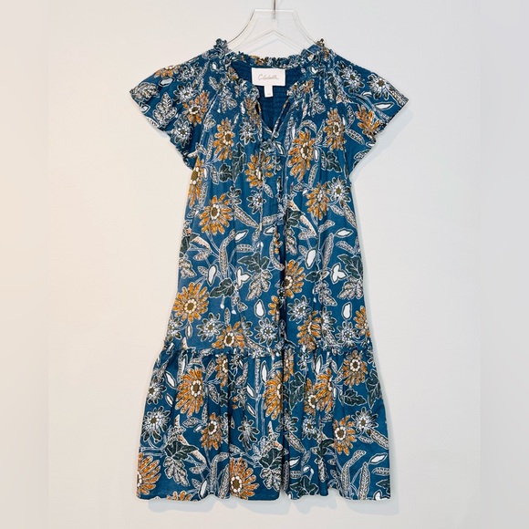 Cleobella Lydia Blue Gold Organic Cotton Flutter Sleeve Mini Babydoll Dress - Picture 15 of 16